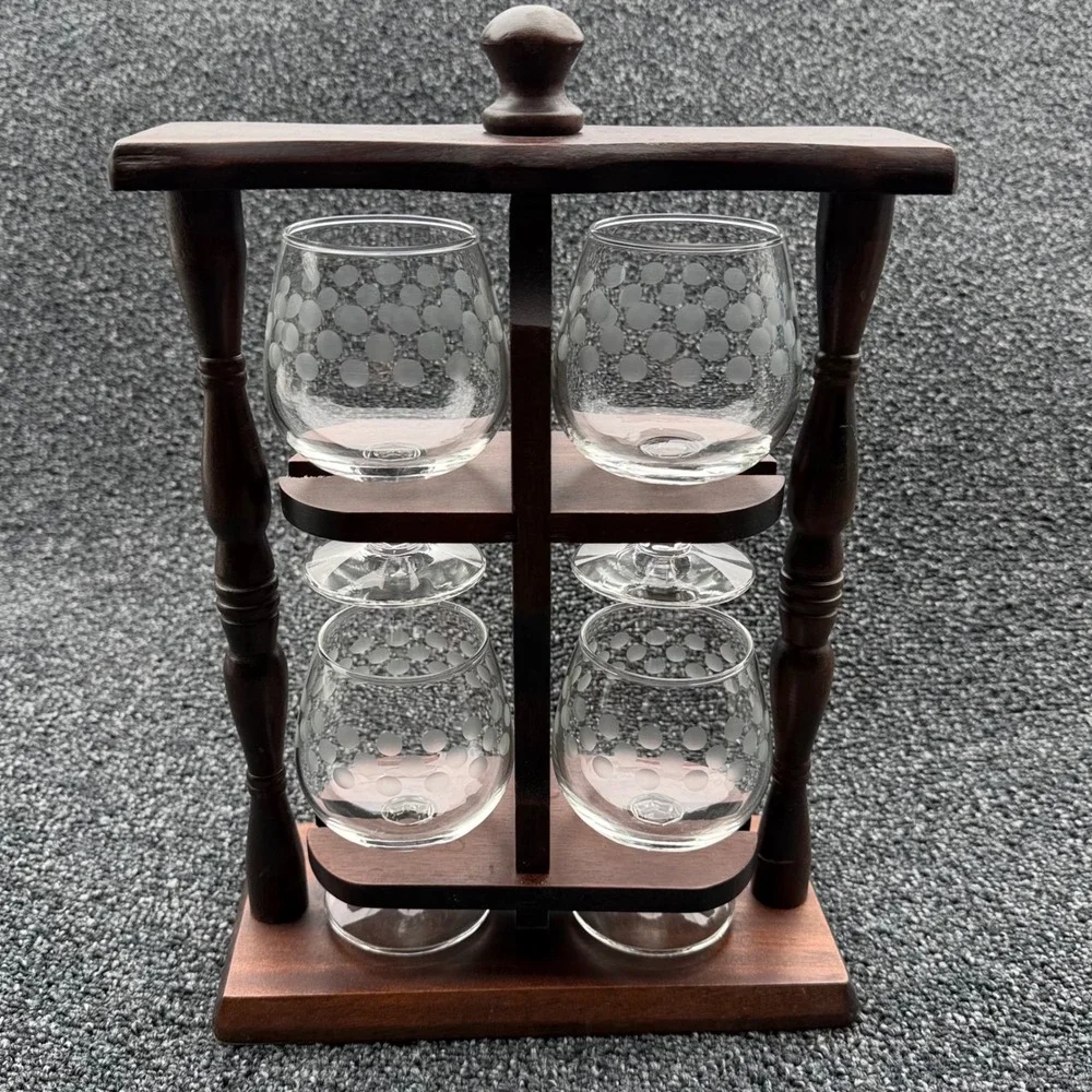 Vintage Wooden Rotating Bar Caddy with 4 Etched Polka Dot Brandy Snifter Glasses
